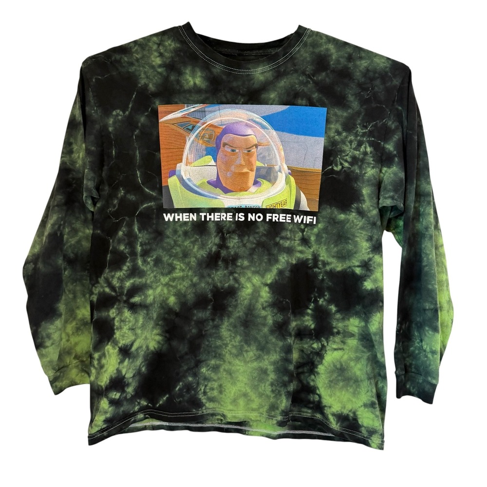 Disney Pixar Buzz Lightyear Toy Story Green Tie Dye LS Shirt XL No Free Wifi